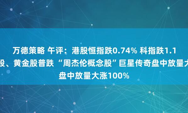 万德策略 午评：港股恒指跌0.74% 科指跌1.14% 科网股、黄金股普跌 “周杰伦概念股”巨星传奇盘中放量大涨100%