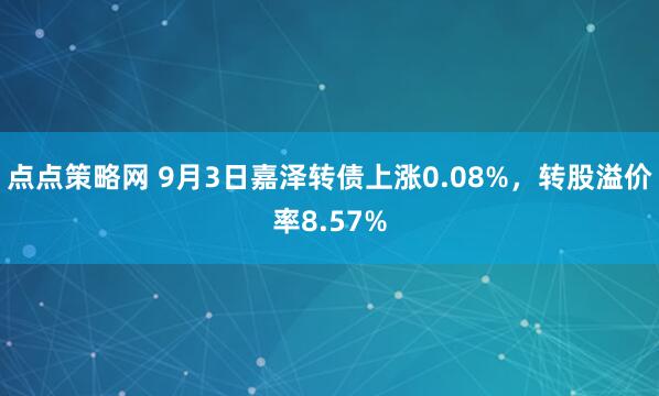 点点策略网 9月3日嘉泽转债上涨0.08%，转股溢价率8.57%